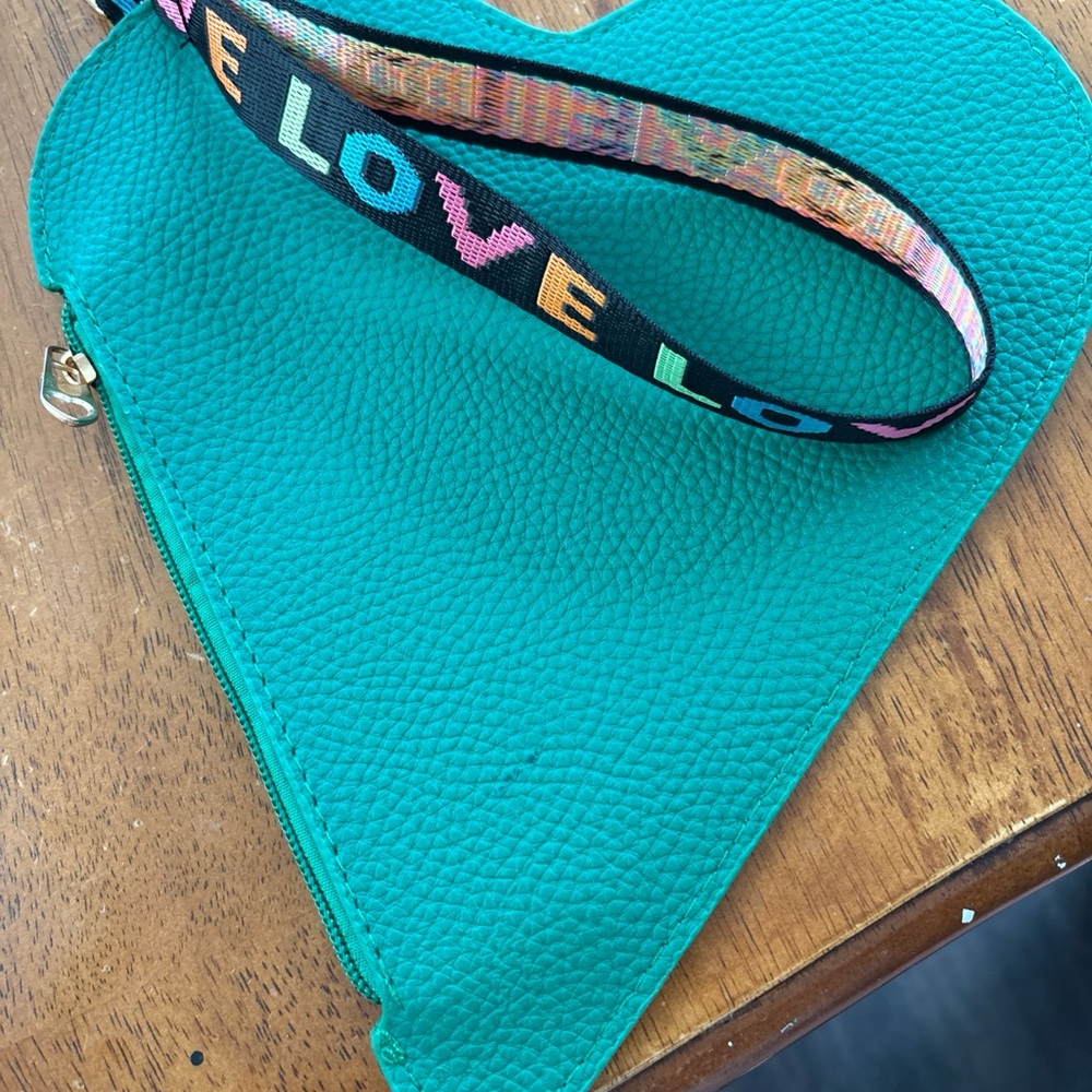 Heart-Shaped Teal Pouch with LOVE Strap